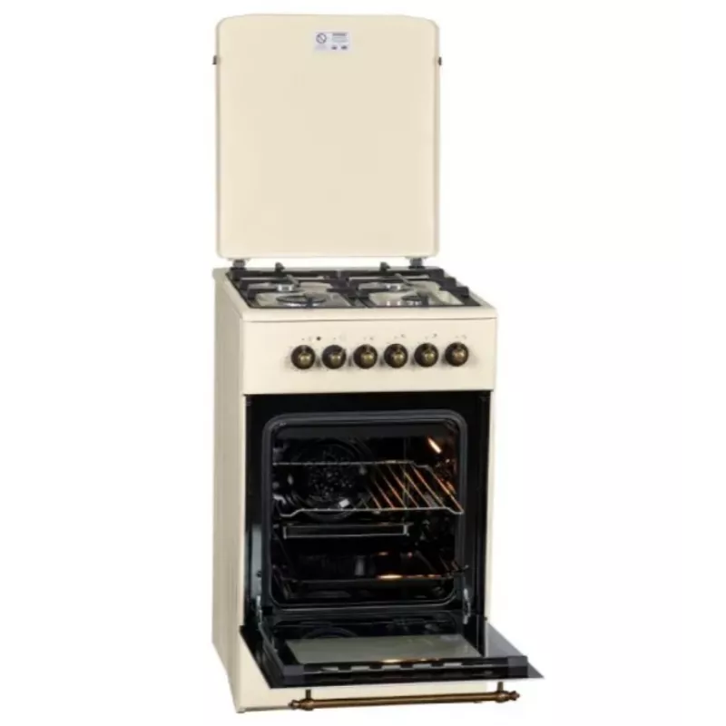 Gāzes-elektriskā plīts MPM MPM-56-KRM-14, 56 cm, 4 gāzes degļi, elektriskā cepeškrāsns, krēmkrāsa