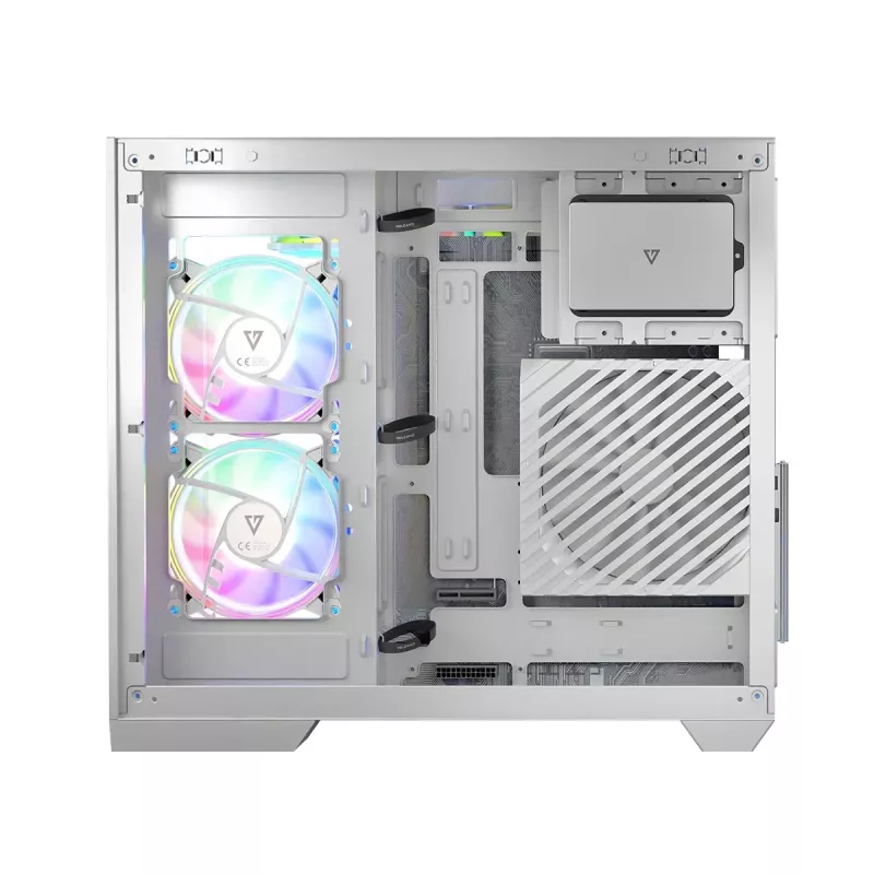 PC korpuss MODECOM Volcano Panorama Midi Tower balts — micro ATX, rūdīts stikls, ARGB, USB-C, atbalsta GPU līdz 400 mm