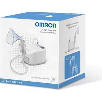 Galda nebulizators Omron C101 Essential – tīkla nebulizators, 0,35 ml/min, daļiņu izmērs 2,6 µm, AC 230V 50Hz, maskas pieaugušajiem un bērniem