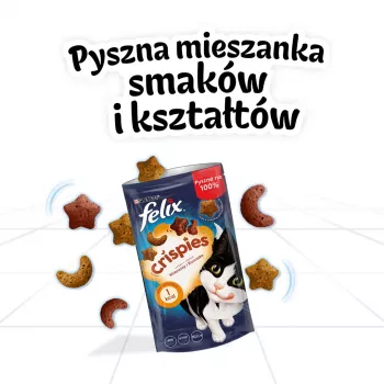 Sausais kaķu gardums Felix Crispies Liellopu gaļa un vistas gaļa 45 g — kraukšķīgs našķis pieaugušiem kaķiem, 31,5% olbaltumvielu, 15,5% tauku