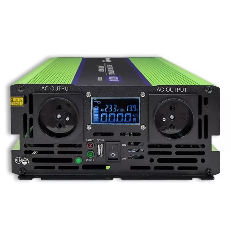 Qoltec Monolith sprieguma pārveidotājs | Akumulatora lādētājs | UPS | 2000W | 4000W | 12V uz 230V | Tīrs sinusoidāls | LCD melns-zaļš