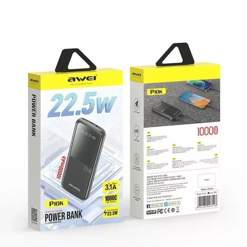 Awei PowerBank P10K 10000 mAh 22,5W Melns/Melns