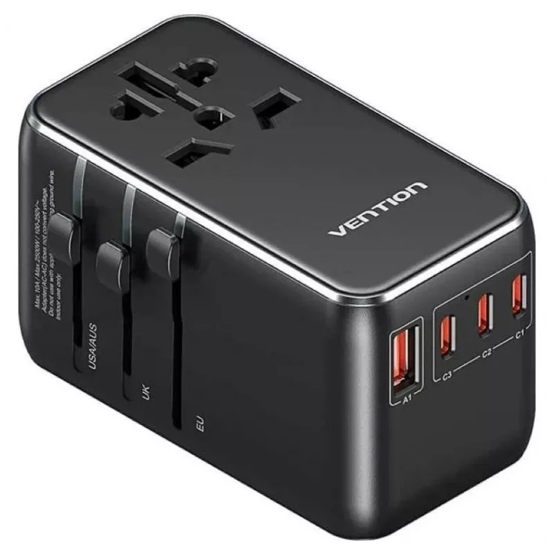 Lādētājs Vention FJGB0 100W GaN ar 3× USB-C un 1× USB-A, Melns