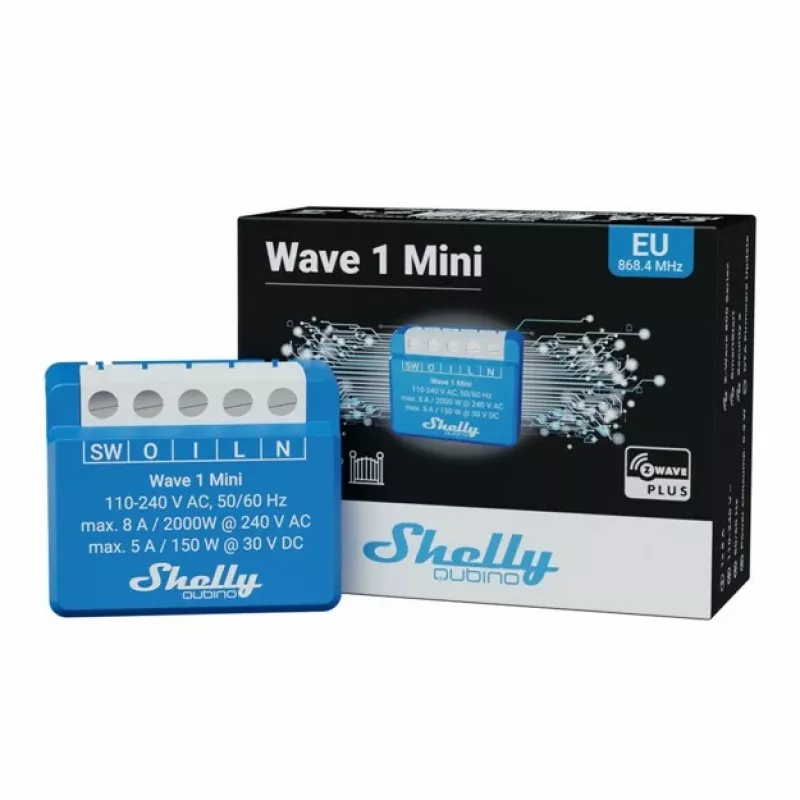 Viedais relejs Shelly Qubino Wave 1 Mini bezvadu 110–240V, 8A AC / 5A DC, 868.4 MHz, iekštelpām, zils