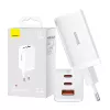 Sienas lādētājs Baseus GaN5 Pro 65W — USB + 2×USB-C (QC3.0, PD3.0) ar 1m USB-C kabeli, balts