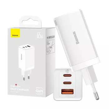 Sienas lādētājs Baseus GaN5 Pro 65W — USB + 2×USB-C (QC3.0, PD3.0) ar 1m USB-C kabeli, balts
