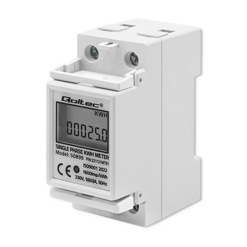 Vienfāzes elektroenerģijas skaitītājs QOLTEC 50899 230 V 50 Hz, 5(60)A, 1.0 klase, LCD