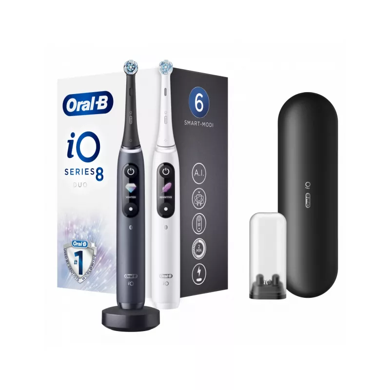 Oral-B iO8 Series Duo elektriskā zobu birste, uzlādējama, 6 režīmi, 2 uzgaļi, Black Onyx/White