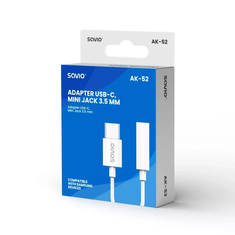 USB Type-C (vīr.) – Jack 3.5mm (siev.) audio adapter balts SAVIO AK-52