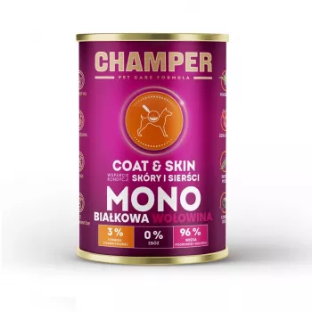 CHAMPER Coat & Skin Monoprotein liellopu gaļa - slapjā suņu barība - 400g