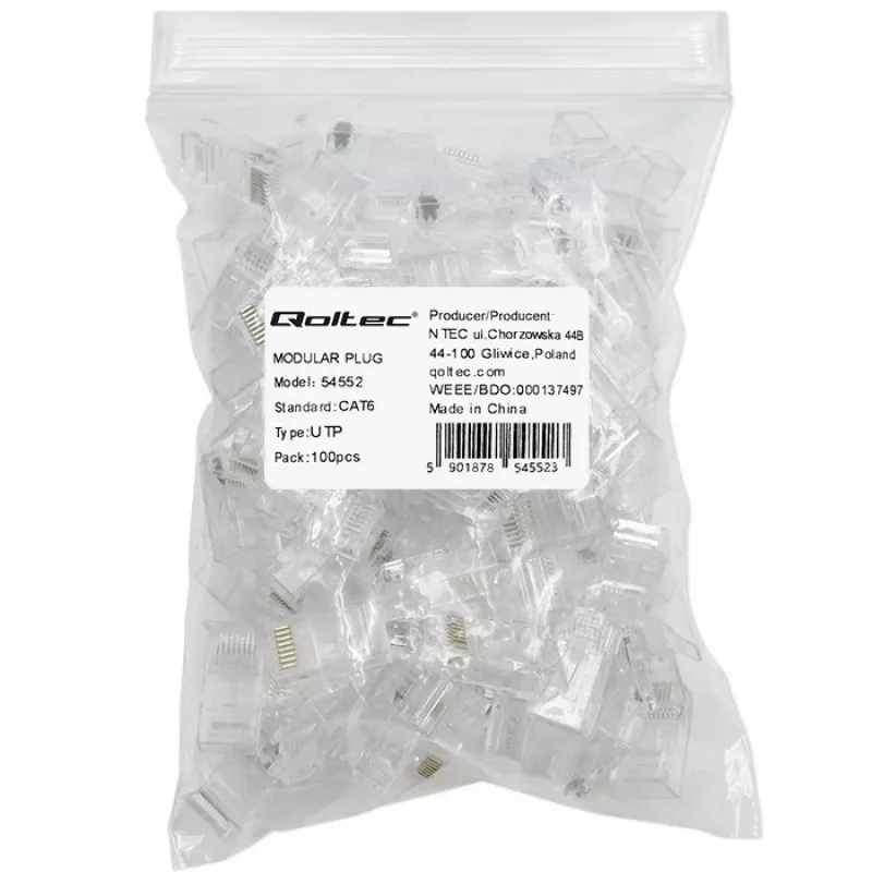 QOLTEC 54552 RJ45 modulārais savienotājs CAT6 UTP, 100 gab. iepakojums