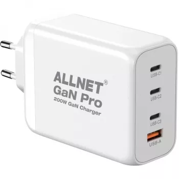 ALLNET PSU-GaNPD-USB-1A3C-200W — 200W GaN USB lādētājs, 1× USB-A, 3× USB-C