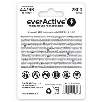 EverActive Professional R6 AA 2600mAh uzlādējamās baterijas, 1 iepakojums blisterī