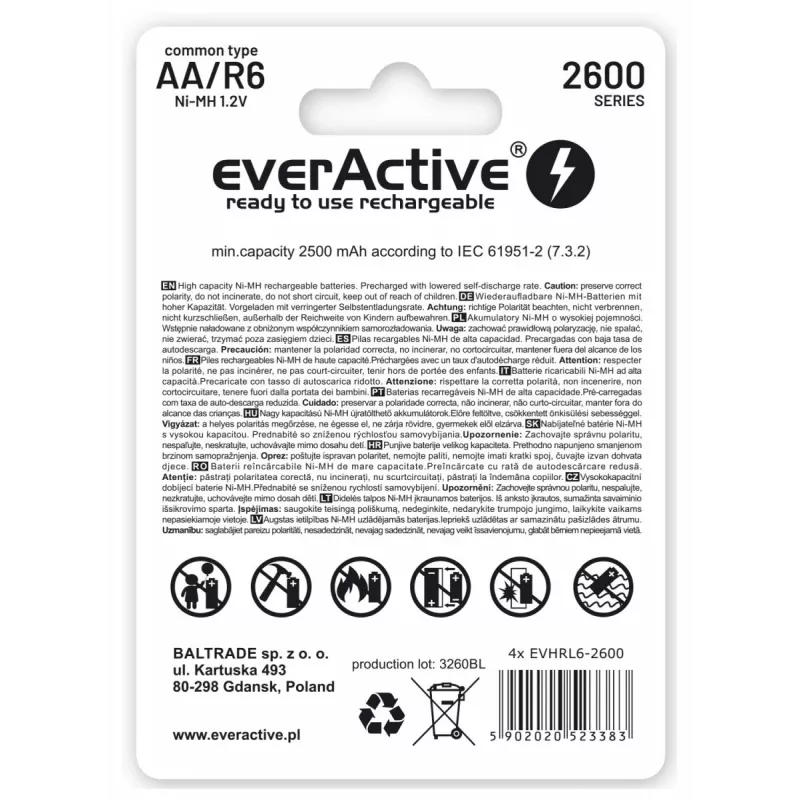 EverActive Professional R6 AA 2600mAh uzlādējamās baterijas, 1 iepakojums blisterī