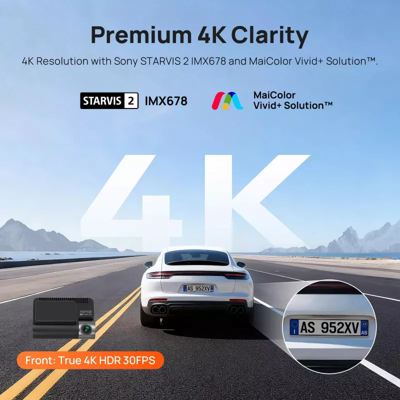 70mai A810S 4K Ultra HD auto reģistrators, 3840×2160, 146° skata leņķis, 3 collu IPS, Wi‑Fi 6, GPS, MicroSD līdz 512 GB, cigarešu šķiltavas barošana