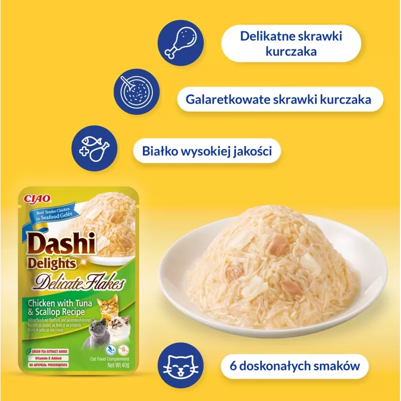 Slapjie kaķu gardumi INABA Dashi Delights Delicate Flakes Chicken with Tuna 40 g paciņa
