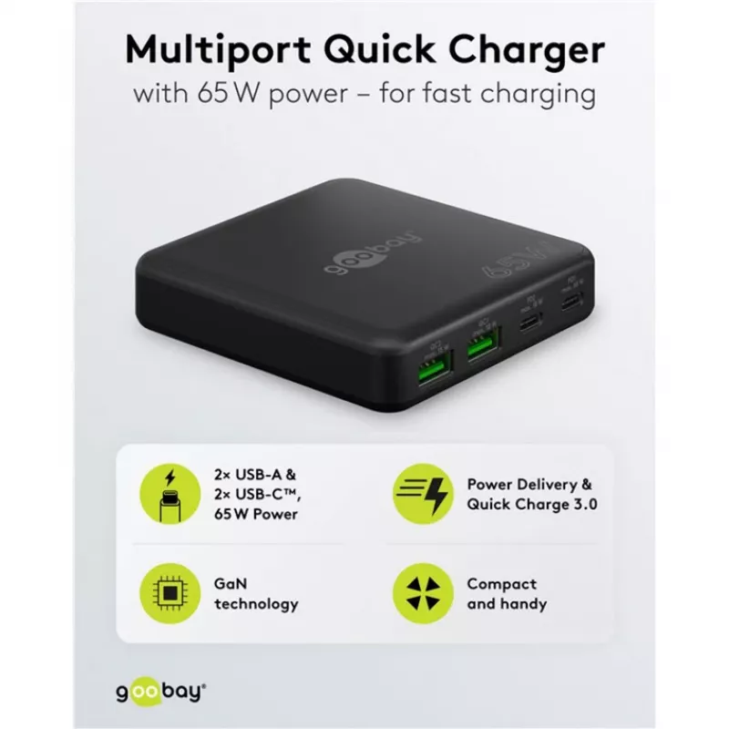 GOOBAY daudzportu USB-C PD GaN galda lādētājs 65 W, melns