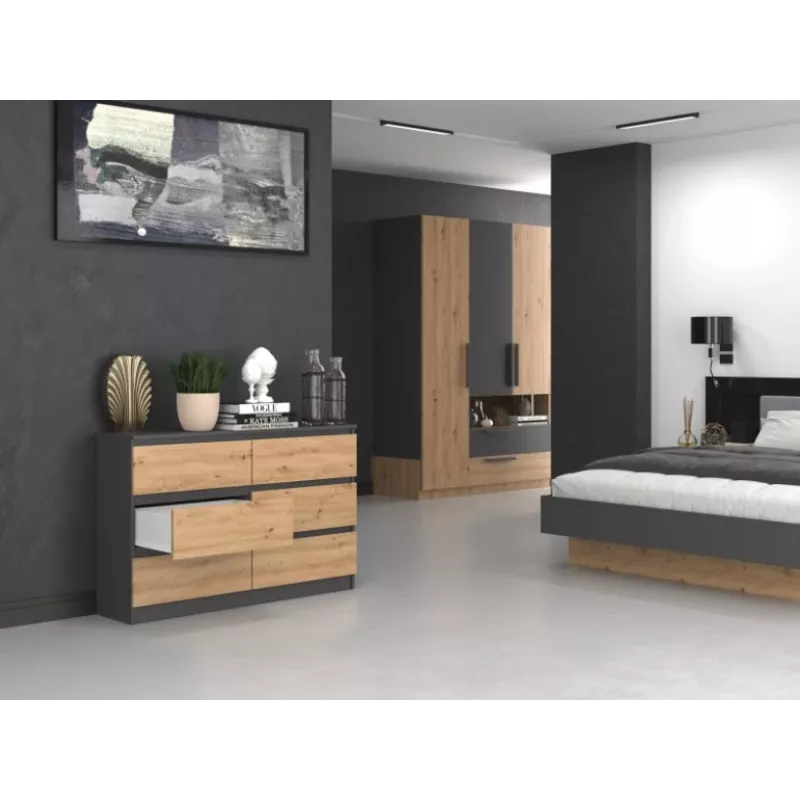 Kumode Top e shop M6 120 — Antracīts/Ozols, 6 atvilktnes, 1200×300×770 mm, skaidu plātne