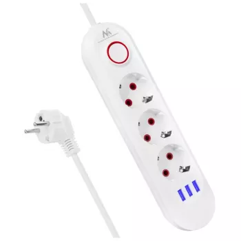 Strāvas sadalītājs MACLEAN MCE394W — 3 kontaktligzdas, 3×USB 2.1A, 110–240V AC, 2500W, 1.5 m vads, balts