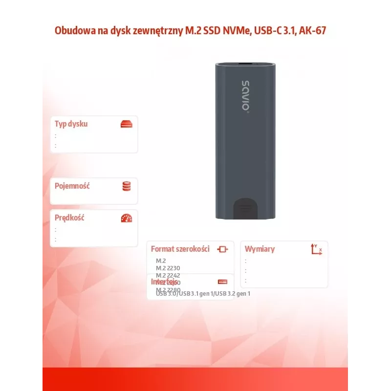 M.2 SSD korpuss SAVIO AK-67 Pelēks, USB 10 Gbit/s, viena M.2 diska atbalsts