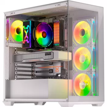 PC korpuss KRUX Exo RGB White — ATX tornis, tērauds, 2x3.5 inch + 2x2.5 inch vietas, USB-C, RGB