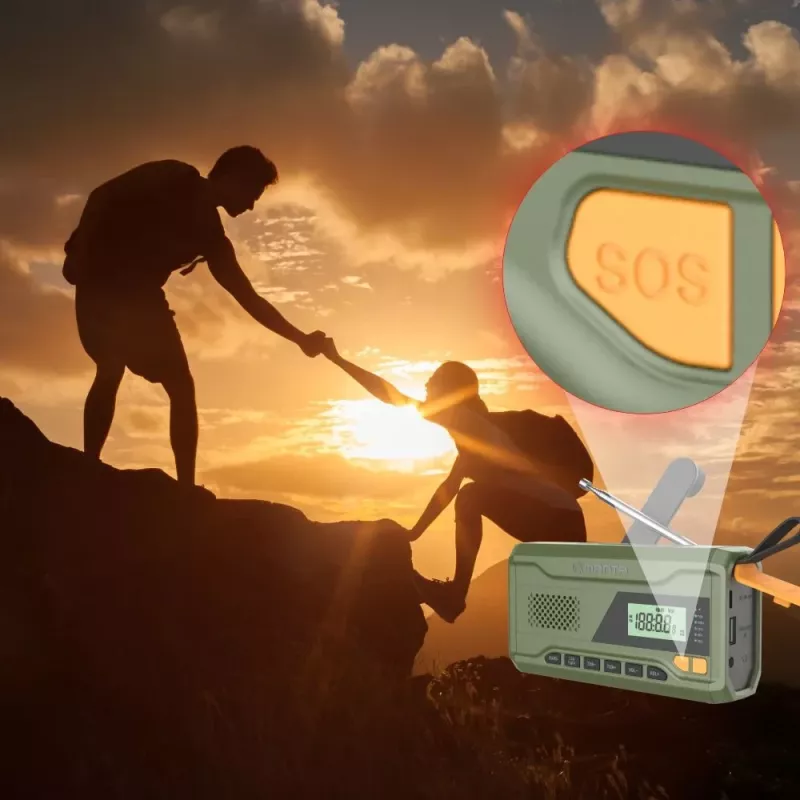 Portatīvais FM radio MANTA RDI401G ar saules paneli, dinamo rokturi, 4000–4500mAh akumulatoru, 5V USB izeju, 3W, lukturīti