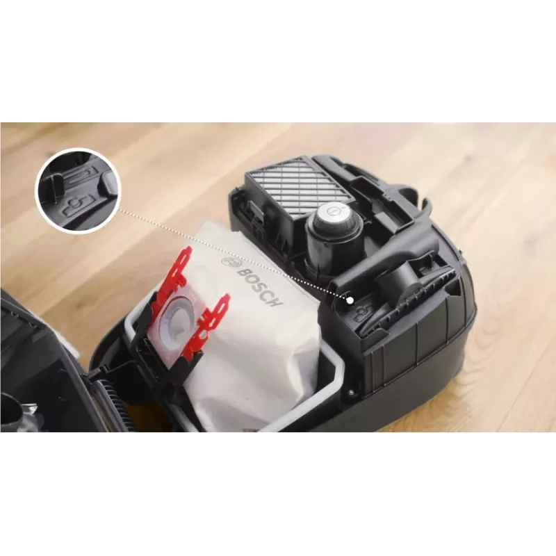 Putekļsūcējs Bosch BGB 41RD3H — 600 W, 4 L putekļu maiss, HEPA filtrs, 11 m darbības rādiuss, teleskopiskā caurule, sarkans