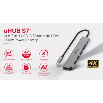USB-C centrmezgls Unitek 7in1 Alumīnijs PD 100W 5 Gbps — daudzportu adapteris ar Power Delivery