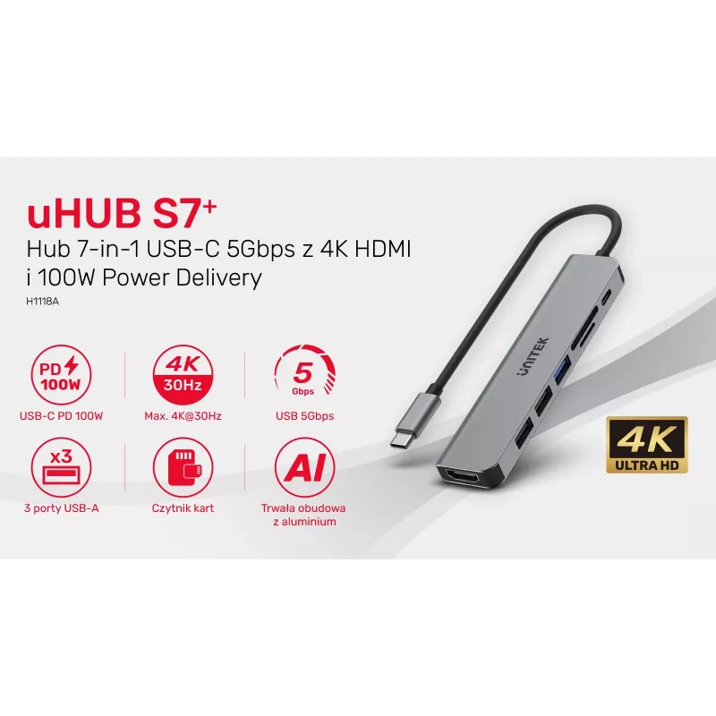 USB-C centrmezgls Unitek 7in1 Alumīnijs PD 100W 5 Gbps — daudzportu adapteris ar Power Delivery