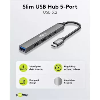 Goobay Slim 5-Portu USB-Hubs, USB-C™ uz USB-C™/USB-A, USB 3.2 (74460)