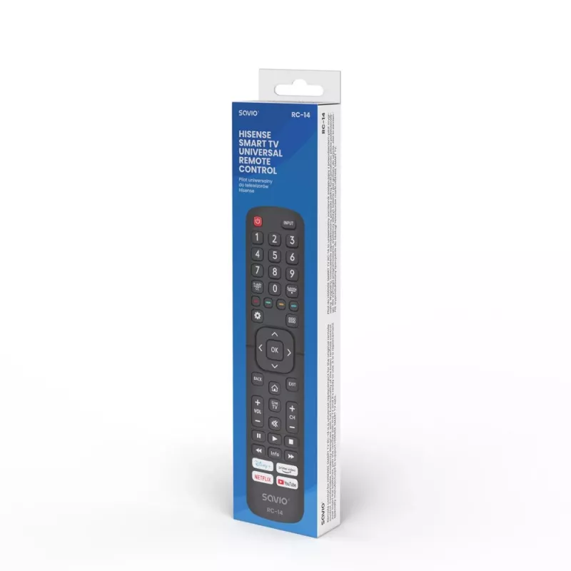 Universālā tālvadības pults SAVIO RC-14 Hisense Smart TV, IR bezvadu, atbalsta 14 ierīces, darbības rādiuss līdz 10 m, melna