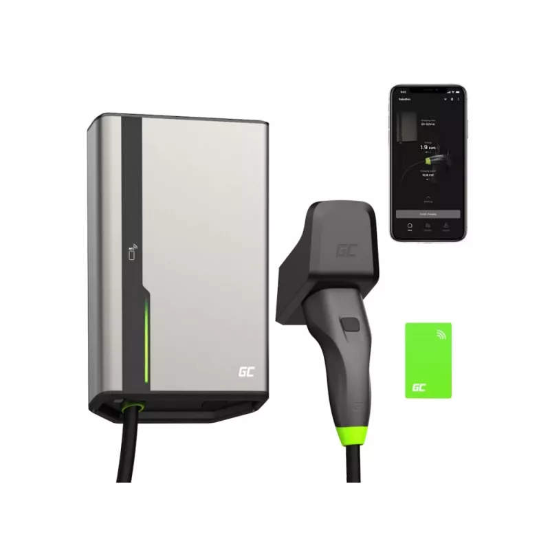 Green Cell HabuDen EVGC021B2250 Wallbox elektroauto uzlādes stacija 22 kW 32A, Type 2, 5 m kabelis, NFC, Bluetooth, Wi-Fi, alumīnijs