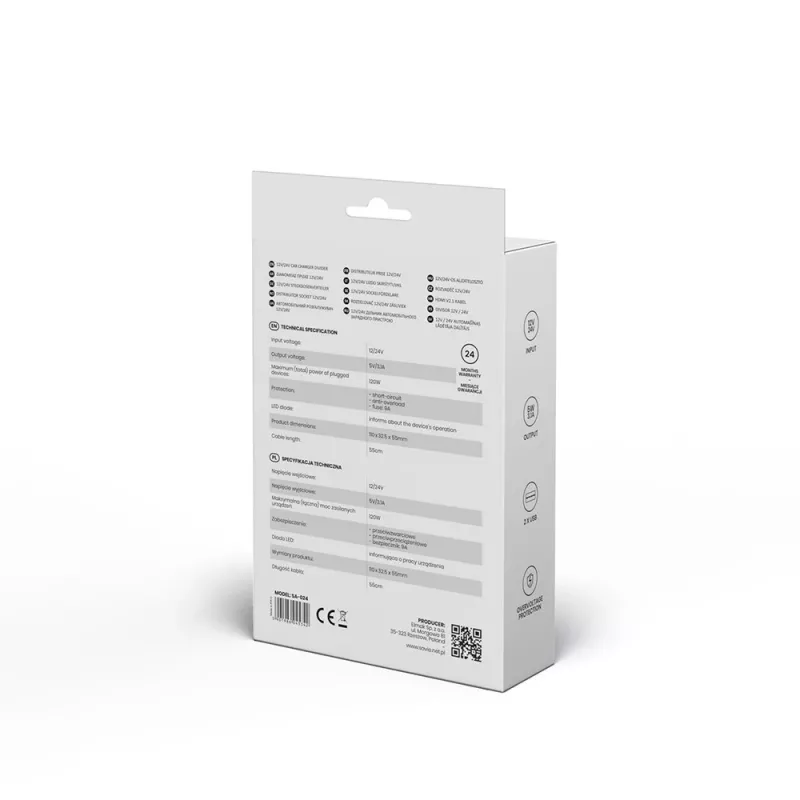 Auto USB lādētājs SAVIO SA-024 — universāla ierīču uzlāde no 12–24 V, 5 V, melns, cigarešu šķiltavas