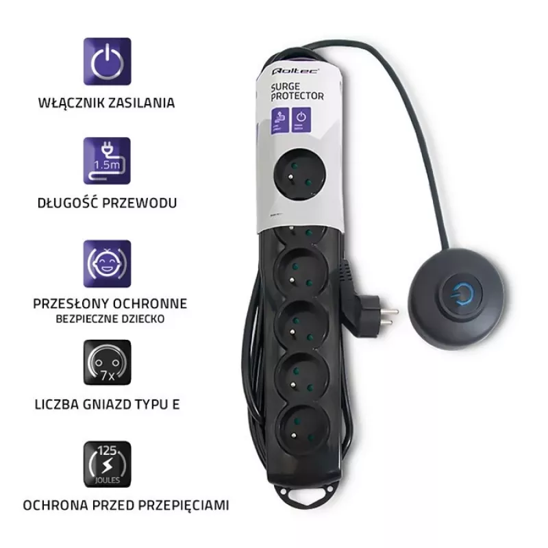Pārsprieguma aizsargs Qoltec 50171 Melns 7 AC Kontaktligzdas 230V 1.5m