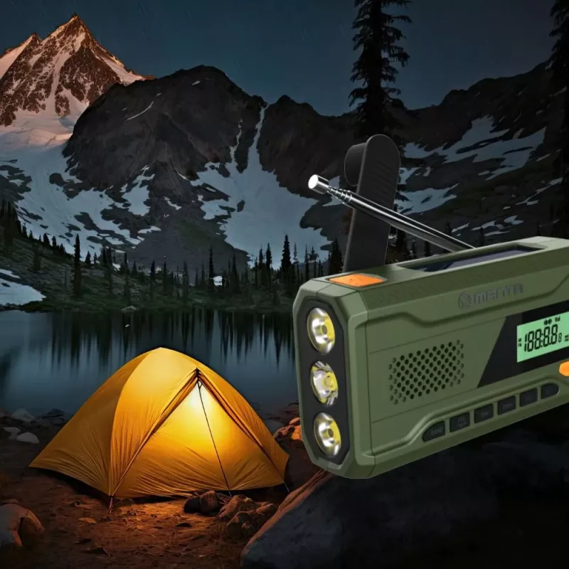 Portatīvais FM radio MANTA RDI401G ar saules paneli, dinamo rokturi, 4000–4500mAh akumulatoru, 5V USB izeju, 3W, lukturīti