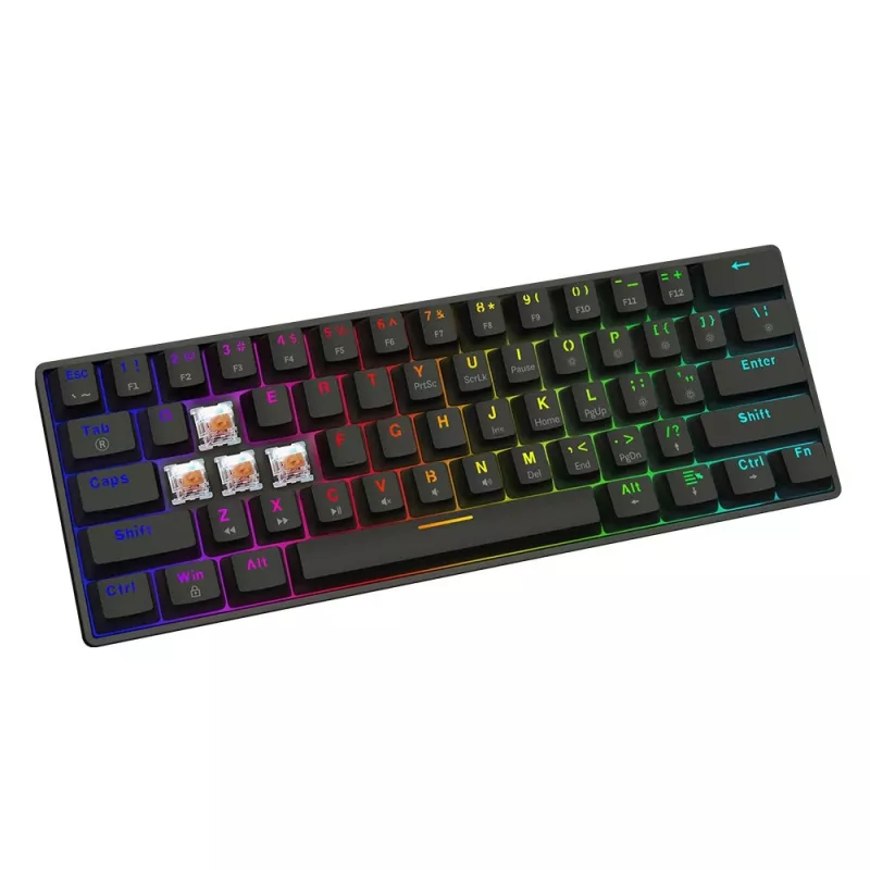 Mehāniskā spēļu tastatūra SAVIO BLACKOUT X2 PEACH — 61 taustiņš 60% QWERTY, RGB LED, hot-swap, USB Type-A/Type-C, atvienojams kabelis