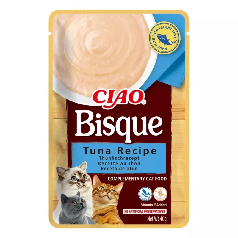 Slapjš kaķu gardums INABA CIAO Bisque — Tuncis, liellopu gaļa, vista 40 g maisiņi, 24 iepakojumā