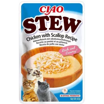 Mitrie gardumi kaķiem INABA Ciao Stew Chicken & Scallop paciņa 40 g — bezgraudu, pieaugušiem kaķiem, gaļīgi