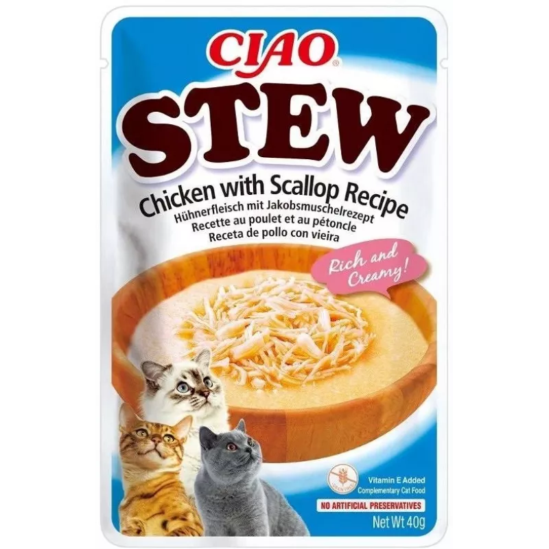Mitrie gardumi kaķiem INABA Ciao Stew Chicken & Scallop paciņa 40 g — bezgraudu, pieaugušiem kaķiem, gaļīgi