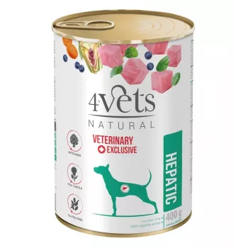 Slapjā konservētā suņu barība 4vets Natural Hepatic 400 g — veterinārā diēta aknu atbalstam, tītars, 77% mitrums