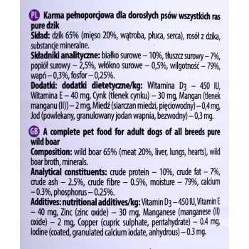 Slapjā suņu barība Dolina Noteci Boar Adult 800 g — Monoproteīns no brieža gaļas, 10% olbaltumvielas, 7% tauki