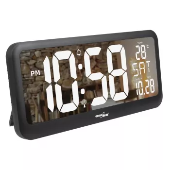 Lielais digitālais pulkstenis sienas montāžai un brīvstāvošs ar temperatūras sensoru 37x17cm LCD displejs, barošanas adapteris un bateriju darbība