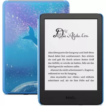 Amazon Kindle Kids Edition e-grāmatu lasītājs, 16 GB, 6 collu E-Paper skārienekrāns, Wi-Fi, USB-C, Kosmosa vaļa dizains, melns/zils
