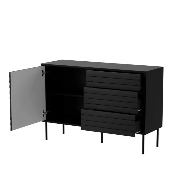 Kumode CORTINA 1D3S 120x40x81 cm, melna, 3 atvilktnes, skaidu plātne