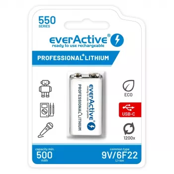 Uzlādējams akumulators everActive 6F22/9V Li-ion 550 mAh ar USB TYPE C