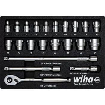 Wiha 44708 uzgriežņu atslēgu komplekts 3/8 inch piedziņa, 23 daļas (uzgriežņu atslēgas un aksesuāri)
