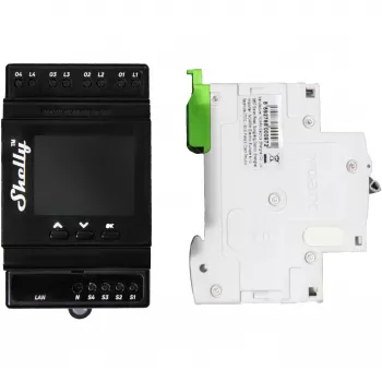 DIN-slīdņu releju modulis Shelly 4Pro PM 4-kanālu Wi‑Fi, 4 kanāli, AC 110–240V, jaudas un enerģijas mērīšana, DIN stiprinājums