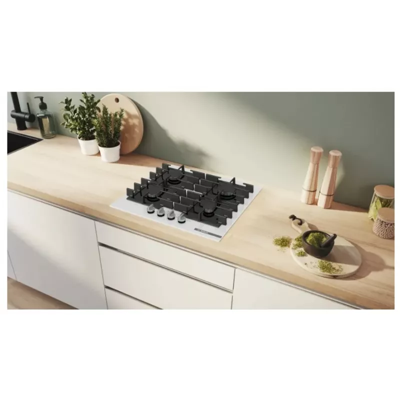 Iebūvējamā gāzes plīts virsma Bosch PPP6A2I40, 4 zonas, čuguna režģi, melna, 590×520×54 mm, rotējošie slēdži