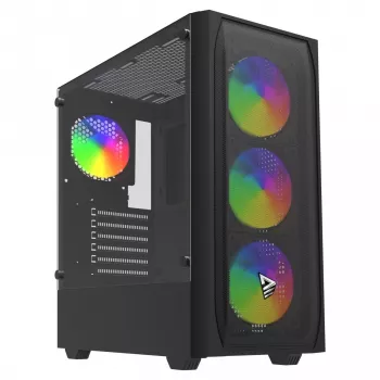 PC korpuss SAVIO Noctis Flow RGB — Cube, ATX/Mini-ITX, 3x 120 mm priekšējie ventilatori, rūdīta stikla sāns, max GPU 35 cm