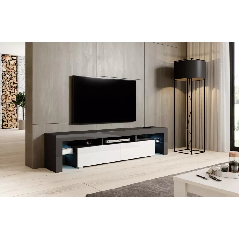 TV statīvs Cama Meble TORO 200 — 2000×350×410 mm, pelēka skaidu plātnes virsma, pelēks/balts spīdums